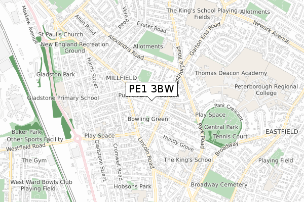 PE1 3BW map - small scale - OS Open Zoomstack (Ordnance Survey)