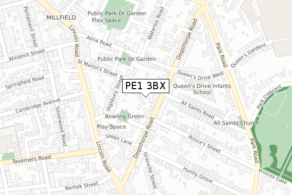 PE1 3BX map - large scale - OS Open Zoomstack (Ordnance Survey)