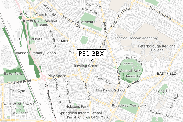 PE1 3BX map - small scale - OS Open Zoomstack (Ordnance Survey)