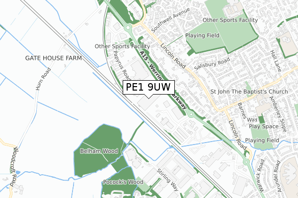 PE1 9UW map - small scale - OS Open Zoomstack (Ordnance Survey)