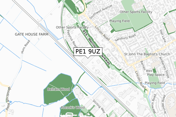 PE1 9UZ map - small scale - OS Open Zoomstack (Ordnance Survey)