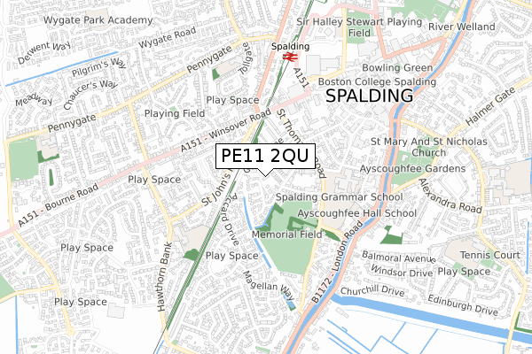 PE11 2QU map - small scale - OS Open Zoomstack (Ordnance Survey)