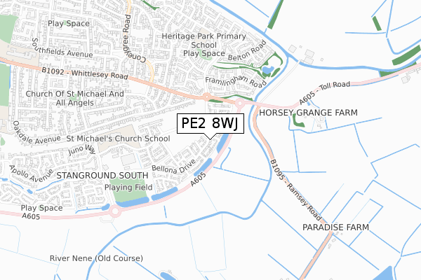 PE2 8WJ map - small scale - OS Open Zoomstack (Ordnance Survey)