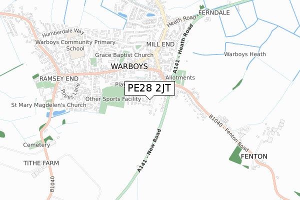 PE28 2JT map - small scale - OS Open Zoomstack (Ordnance Survey)