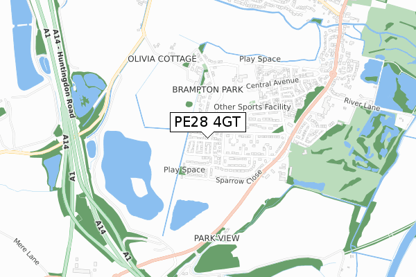 PE28 4GT map - small scale - OS Open Zoomstack (Ordnance Survey)