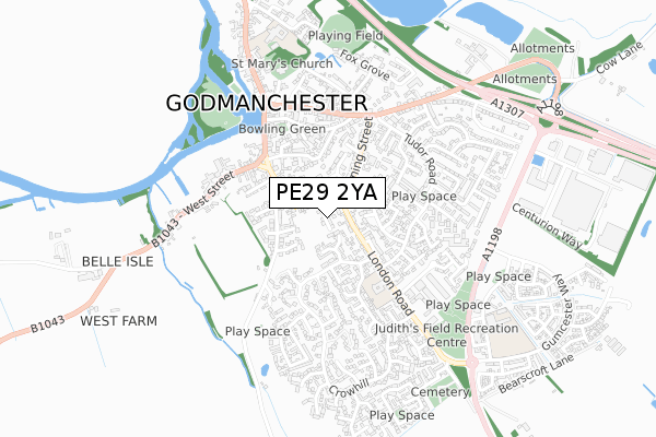 PE29 2YA map - small scale - OS Open Zoomstack (Ordnance Survey)