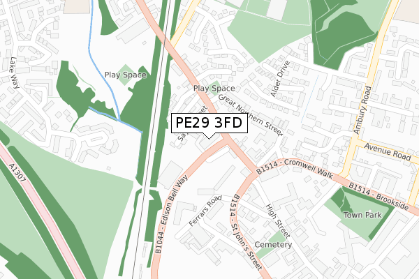 PE29 3FD map - large scale - OS Open Zoomstack (Ordnance Survey)