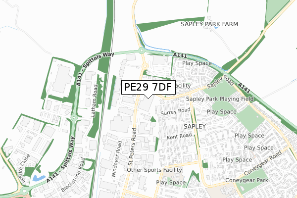 PE29 7DF map - small scale - OS Open Zoomstack (Ordnance Survey)