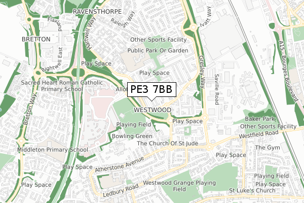 PE3 7BB map - small scale - OS Open Zoomstack (Ordnance Survey)