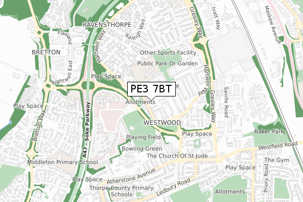 PE3 7BT map - small scale - OS Open Zoomstack (Ordnance Survey)