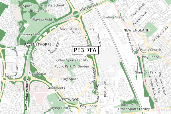 PE3 7FA map - small scale - OS Open Zoomstack (Ordnance Survey)