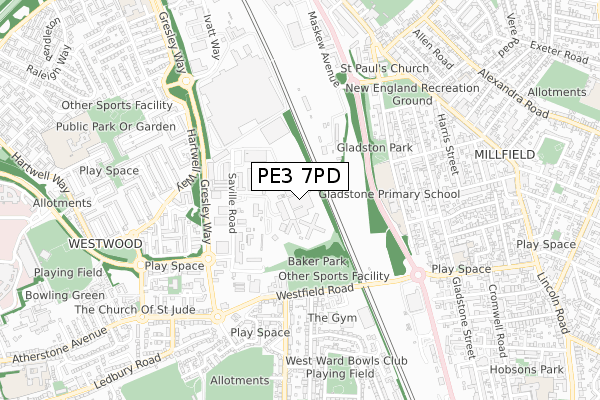 PE3 7PD map - small scale - OS Open Zoomstack (Ordnance Survey)