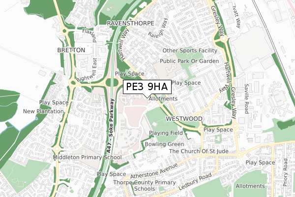 PE3 9HA map - small scale - OS Open Zoomstack (Ordnance Survey)