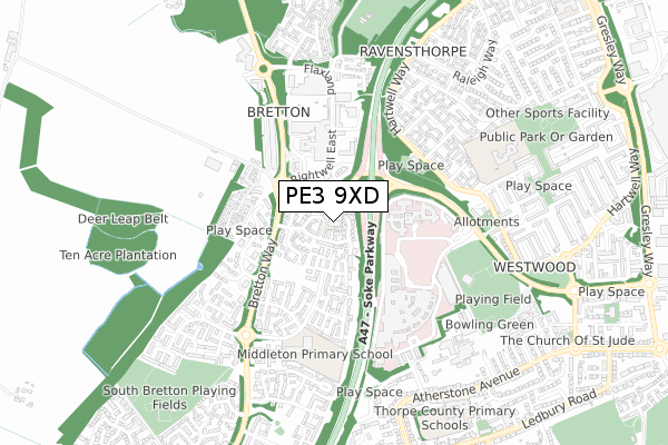 PE3 9XD map - small scale - OS Open Zoomstack (Ordnance Survey)