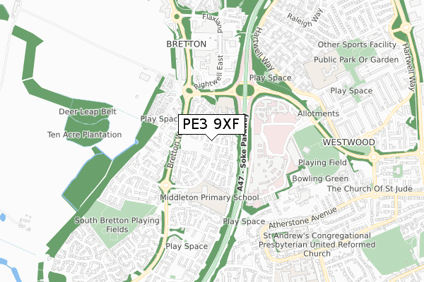 PE3 9XF map - small scale - OS Open Zoomstack (Ordnance Survey)