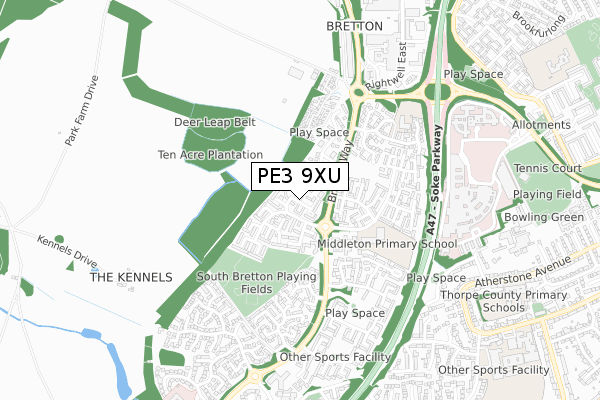 PE3 9XU map - small scale - OS Open Zoomstack (Ordnance Survey)