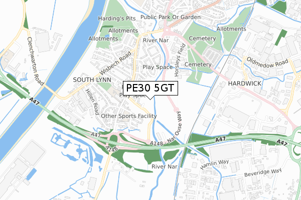 PE30 5GT map - small scale - OS Open Zoomstack (Ordnance Survey)
