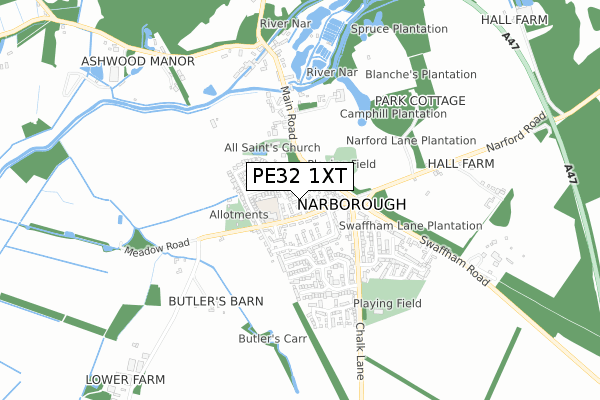 PE32 1XT map - small scale - OS Open Zoomstack (Ordnance Survey)