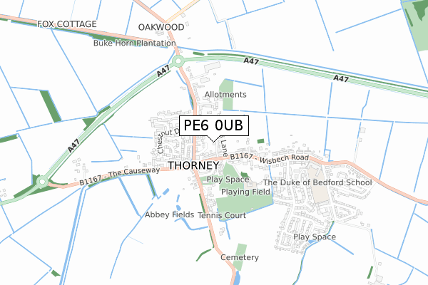 PE6 0UB map - small scale - OS Open Zoomstack (Ordnance Survey)