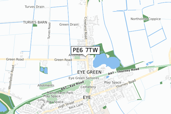 PE6 7TW map - small scale - OS Open Zoomstack (Ordnance Survey)