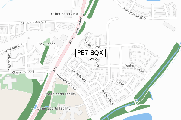 PE7 8QX map - large scale - OS Open Zoomstack (Ordnance Survey)