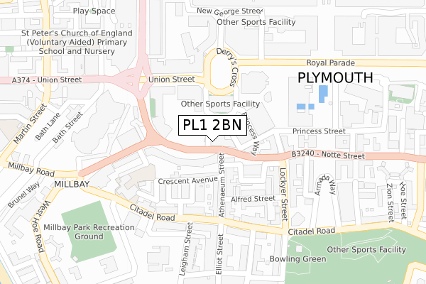 PL1 2BN map - large scale - OS Open Zoomstack (Ordnance Survey)