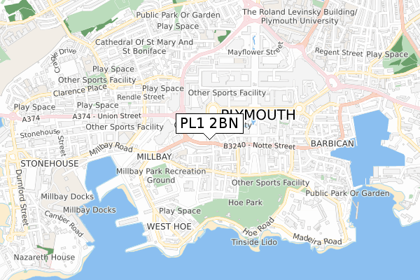 PL1 2BN map - small scale - OS Open Zoomstack (Ordnance Survey)