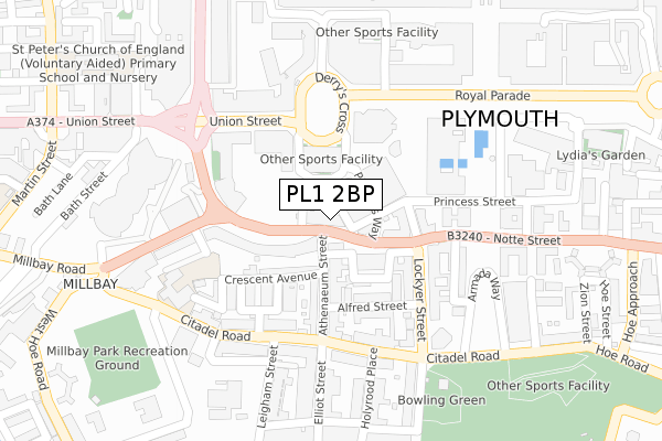 PL1 2BP map - large scale - OS Open Zoomstack (Ordnance Survey)