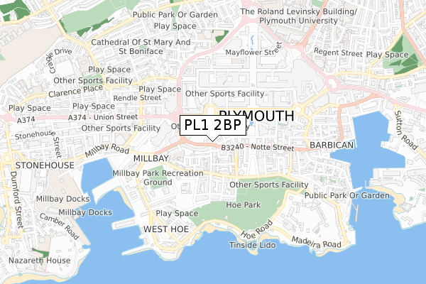 PL1 2BP map - small scale - OS Open Zoomstack (Ordnance Survey)