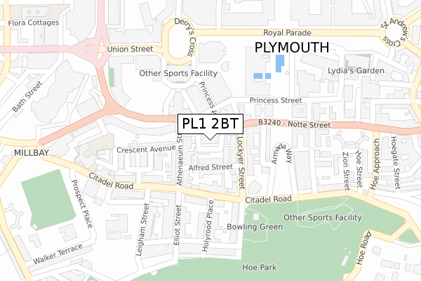 PL1 2BT map - large scale - OS Open Zoomstack (Ordnance Survey)