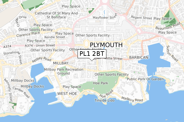 PL1 2BT map - small scale - OS Open Zoomstack (Ordnance Survey)