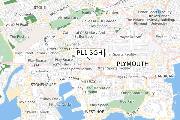 PL1 3GH map - small scale - OS Open Zoomstack (Ordnance Survey)