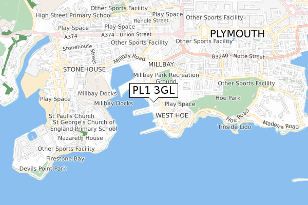 PL1 3GL map - small scale - OS Open Zoomstack (Ordnance Survey)