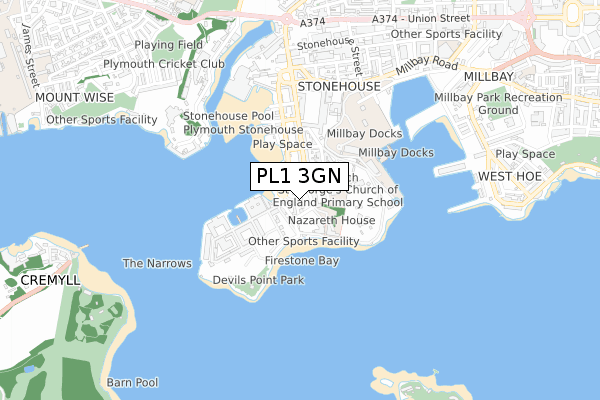 PL1 3GN map - small scale - OS Open Zoomstack (Ordnance Survey)