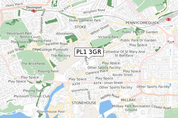 PL1 3GR map - small scale - OS Open Zoomstack (Ordnance Survey)