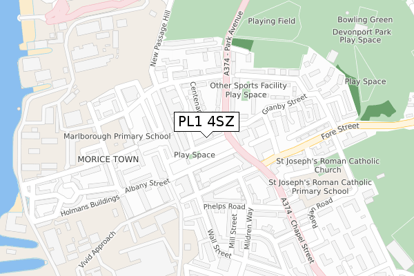 PL1 4SZ map - large scale - OS Open Zoomstack (Ordnance Survey)