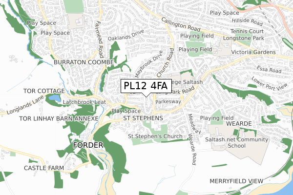 PL12 4FA map - small scale - OS Open Zoomstack (Ordnance Survey)