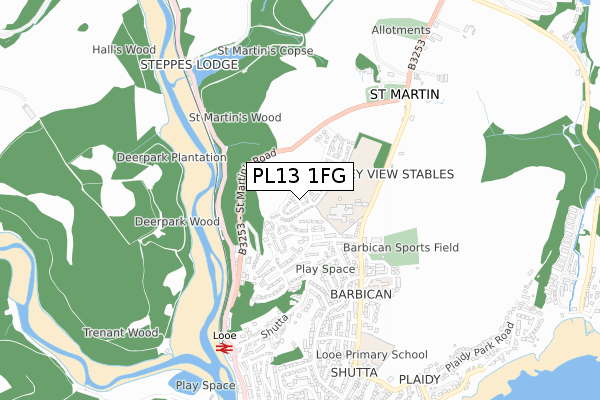 PL13 1FG map - small scale - OS Open Zoomstack (Ordnance Survey)