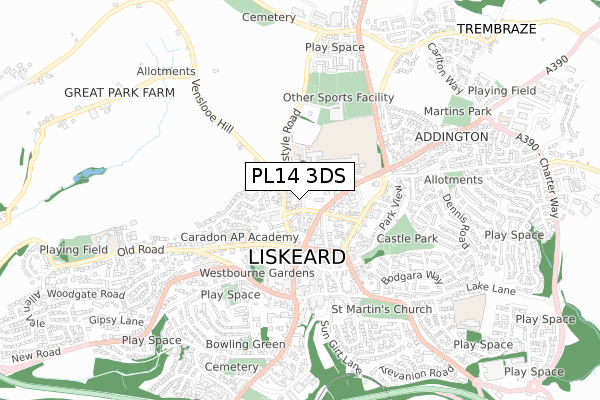 PL14 3DS map - small scale - OS Open Zoomstack (Ordnance Survey)