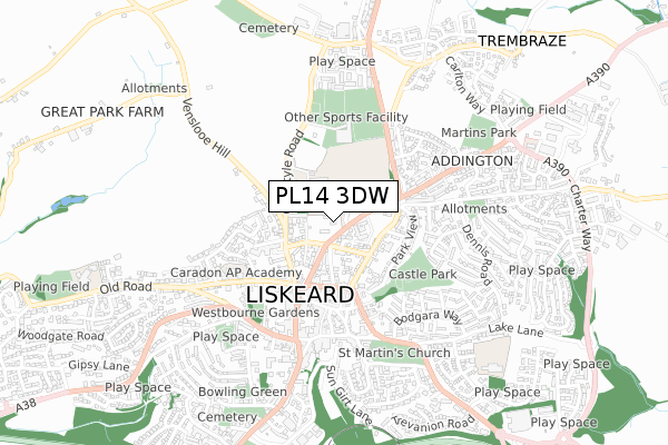 PL14 3DW map - small scale - OS Open Zoomstack (Ordnance Survey)