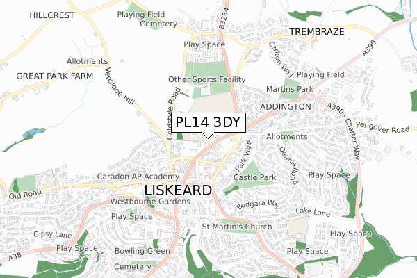 PL14 3DY map - small scale - OS Open Zoomstack (Ordnance Survey)