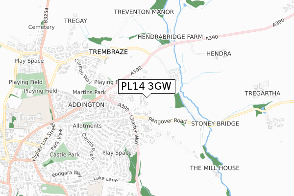 PL14 3GW map - small scale - OS Open Zoomstack (Ordnance Survey)