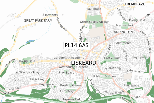 PL14 6AS map - small scale - OS Open Zoomstack (Ordnance Survey)