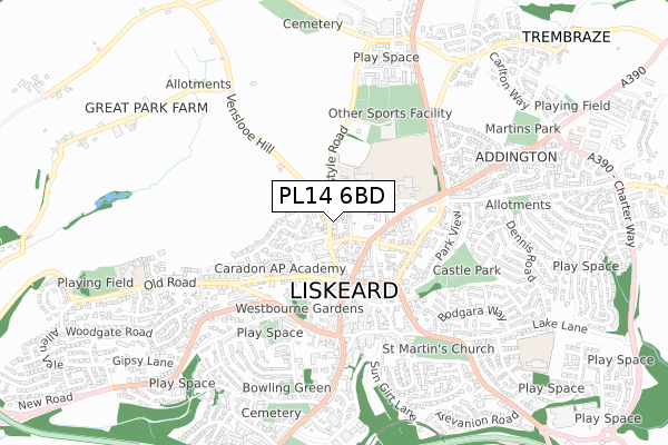 PL14 6BD map - small scale - OS Open Zoomstack (Ordnance Survey)