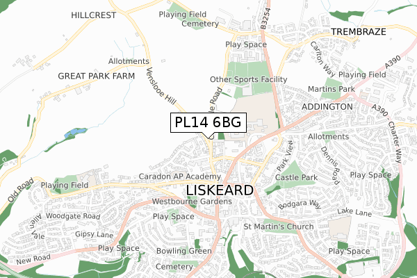 PL14 6BG map - small scale - OS Open Zoomstack (Ordnance Survey)