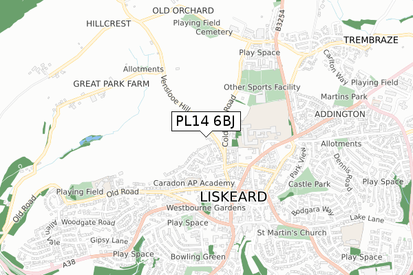 PL14 6BJ map - small scale - OS Open Zoomstack (Ordnance Survey)