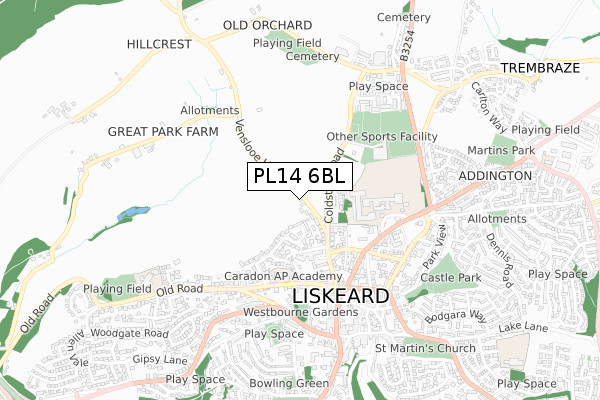 PL14 6BL map - small scale - OS Open Zoomstack (Ordnance Survey)