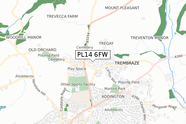 PL14 6FW map - small scale - OS Open Zoomstack (Ordnance Survey)