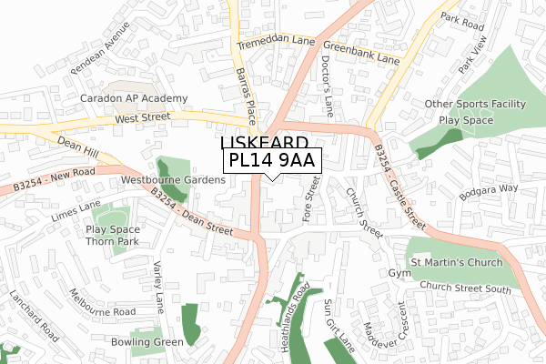 PL14 9AA map - large scale - OS Open Zoomstack (Ordnance Survey)