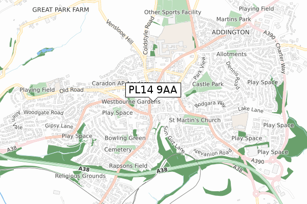 PL14 9AA map - small scale - OS Open Zoomstack (Ordnance Survey)